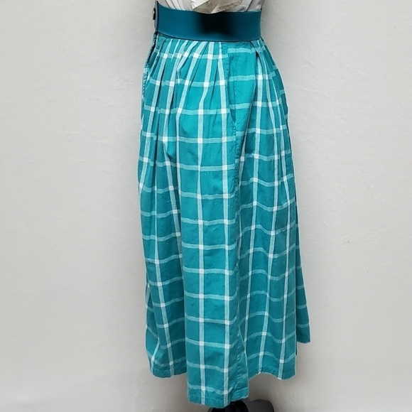 VINTAGE 1970s Touche Belted Silk Square Print Blouse Turquoise Checked Skirt Set - Picture 6 of 16